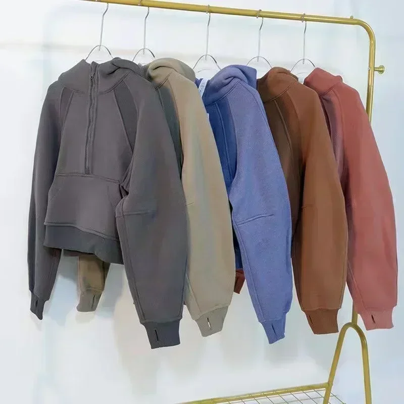 Lemon Women Scuba Hoodie Jackets Winter Warm Training Sweatshirts Gym Workout Sports Coat Thickened Thermal Half Zipper Hoodie