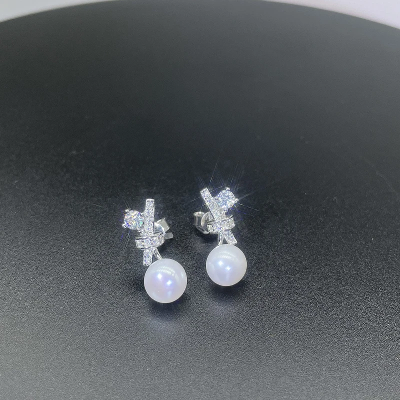 0.72ct Moissanite Cross Stud Earrings for Women 8mm FreshWater Pearl S925 Sterling Silver Wedding Fine Jewelry Drop Shipping