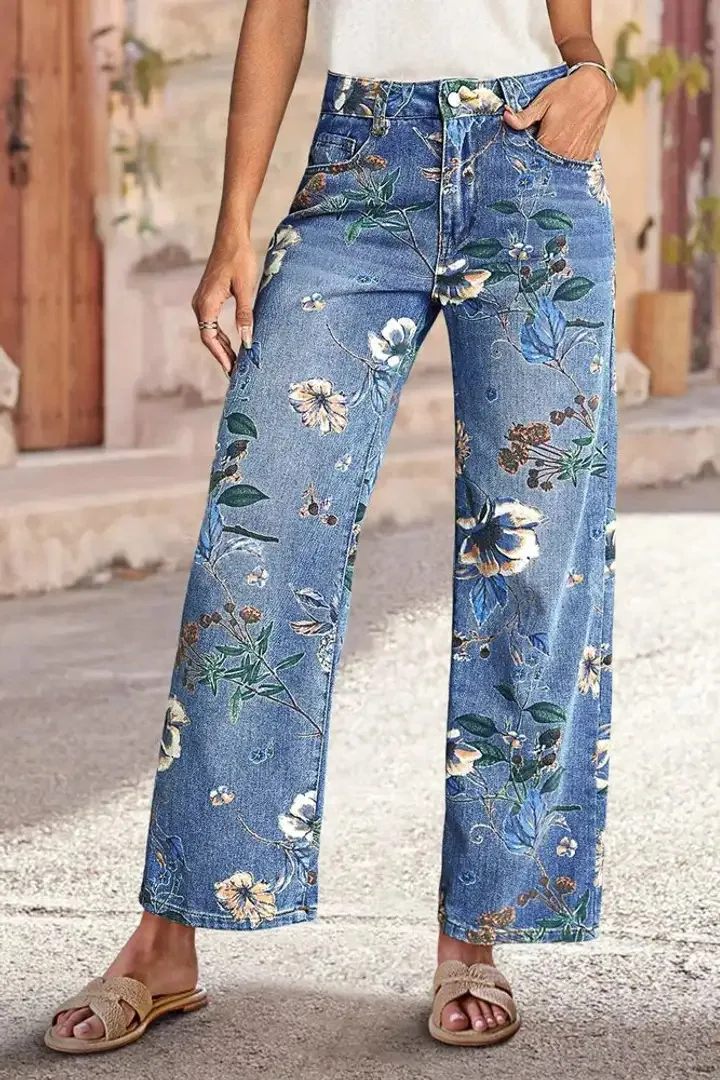 New for 2026: Women's Blue High-waisted Stretch Jeans, Vintage-style Loose-fit Wide-leg Denim Pants with A Floral Print.