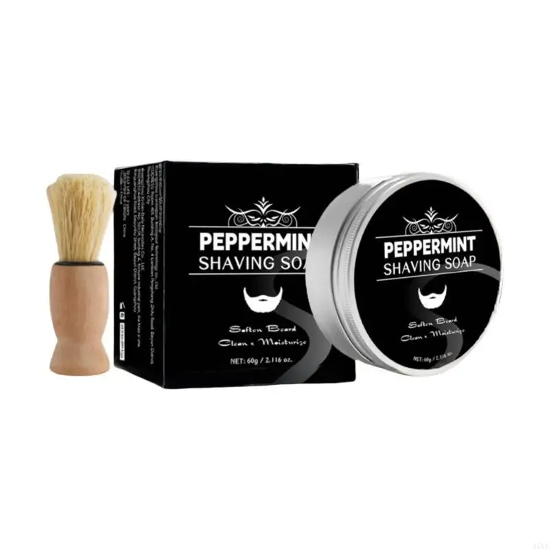 60g Mint Shaving Soap Handmade Soap Beard with Brush for Man and Woman A5YB