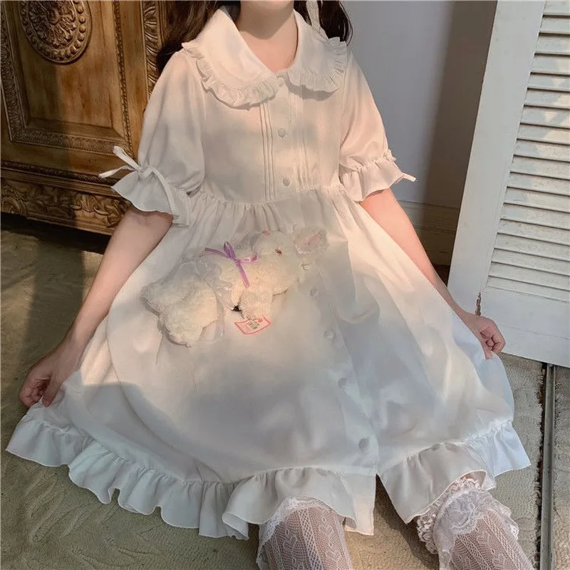 

White Kawaii Lolita Dress For Girls Soft Princess Fairy Peter Pan Collar Dress Japanese Style Cute Puff Sleeve Party Dress