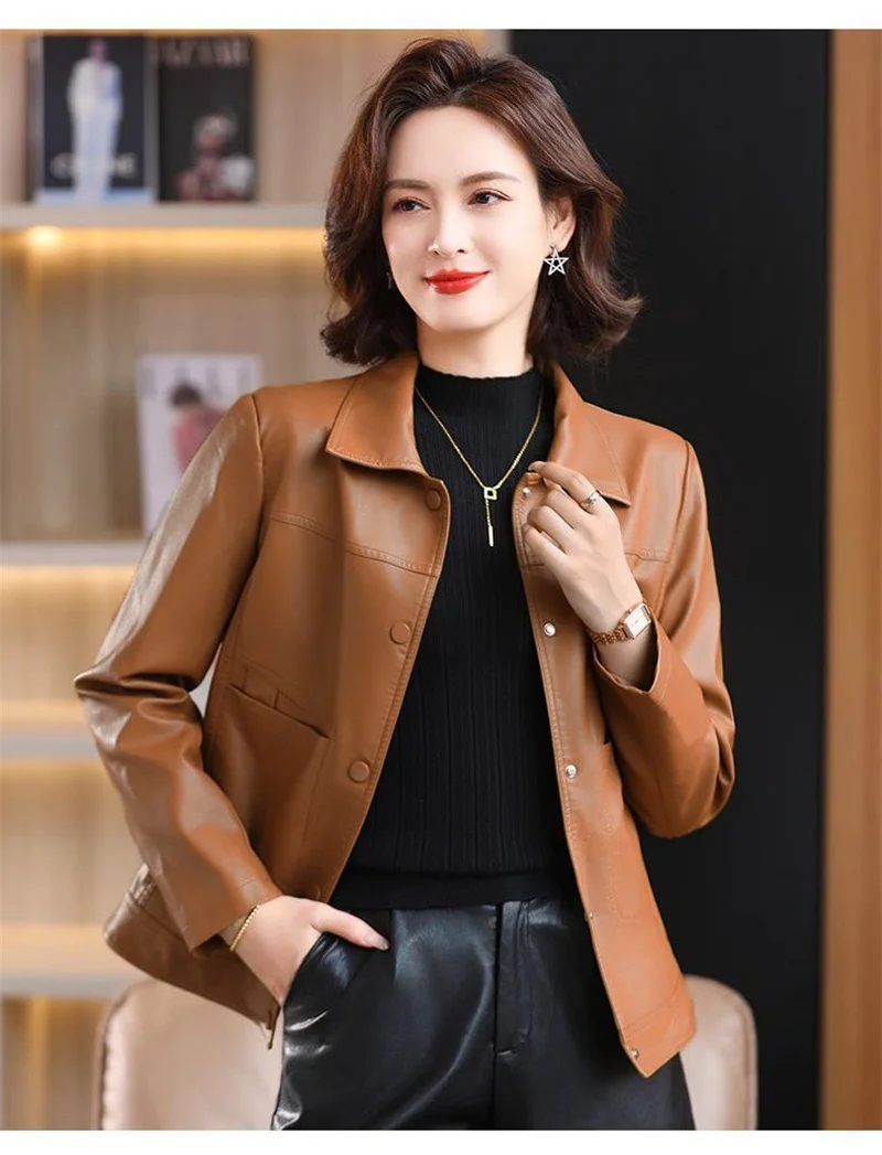 Brown PU leather Jackets Women's High-End New Spring Autumn Casual Short Jacket Leather Mid-Aged Mother Coat Brown Leather Coat