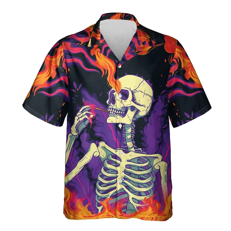 

Abstract Skull Graphic Lapel Blouse Hip Hop Male Shirts For Men Clothes Goth Skeleton Short Sleeve Funny Flower Skulls Lapel Top