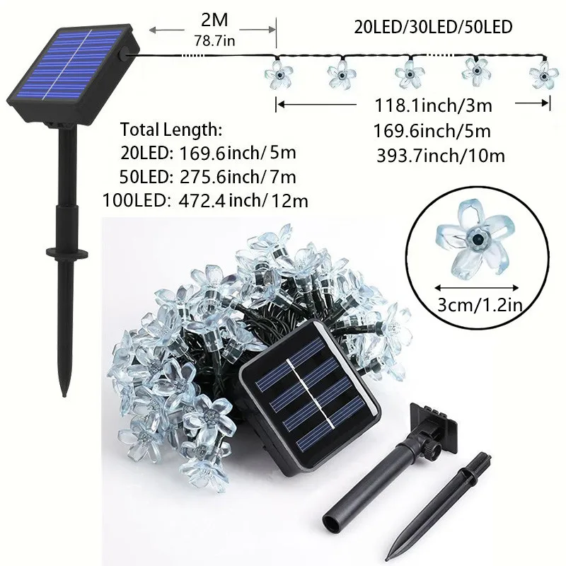 Solar LED Cherry Blossom String Lights with 8 Lighting Modes for Outdoor Garden and Christmas Decor