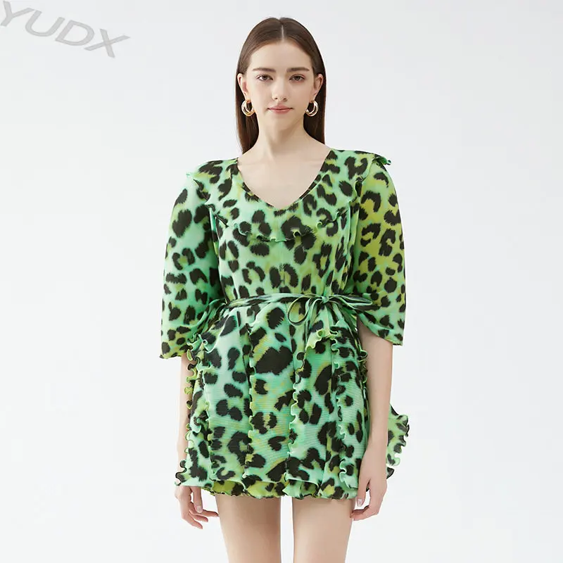

YUDX Miyake Pleated 2023 Spring Summer Street Temperament Dresses Women's Waist-skimming Sexy Dress Leopard Print Short Dress