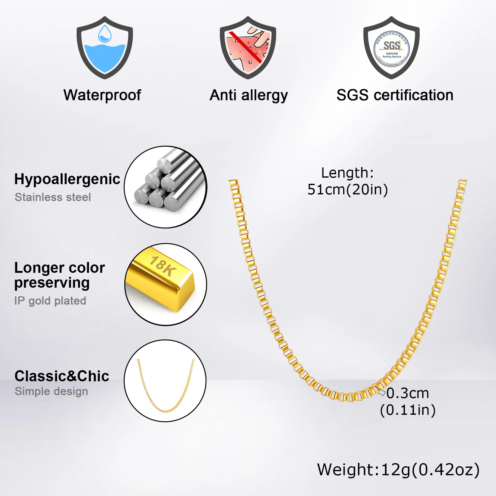 1/2/3mm Box Chain Necklaces for Men Women,Delicate Square Stainless Steel Chains Links Collars,Jewelry Gift 18To24 Inch 6