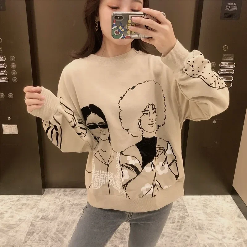 

Indie Korean Oversize O Neck Loose Pullovers Fall Winter Female Tops 2023 Women Y2k Charater Print Gray Long Sleeve Sweatshirts
