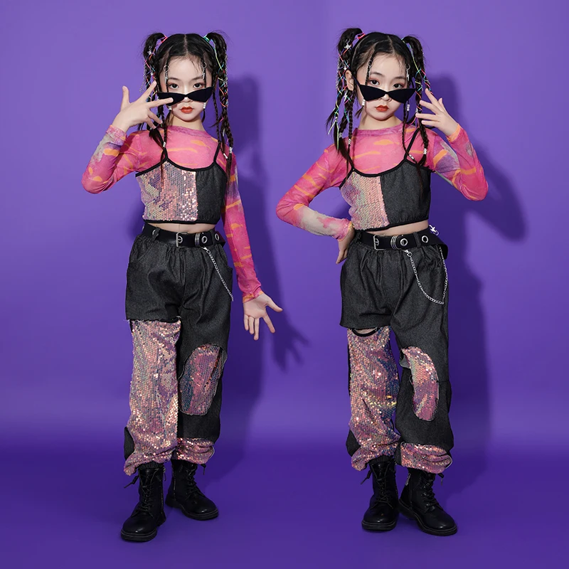 

2023 Ballroom Hip Hop Dance Performance Costumes For Girls Loose Sequin Vest Kpop Outfits Children Jazz Dance Clothes DQS12609