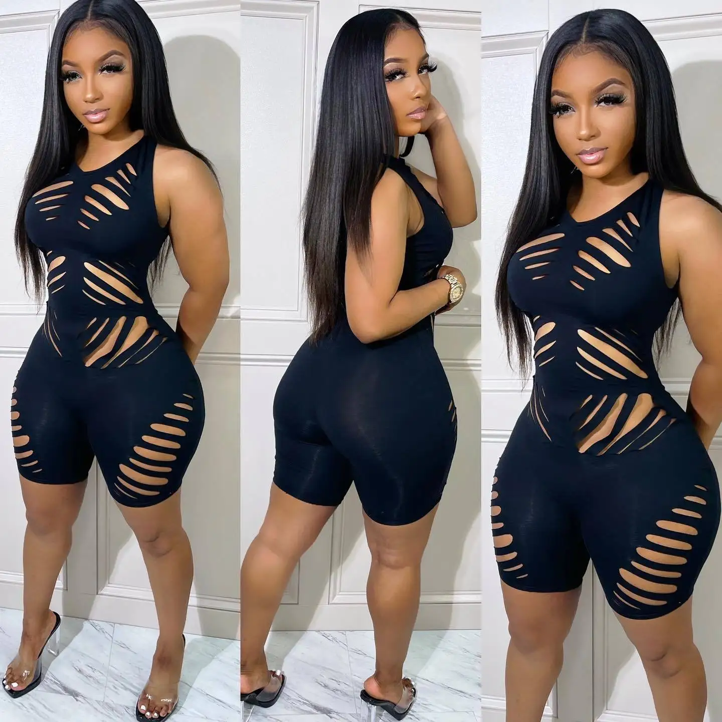 Sexy Hollow Out Short Jumpsuit Summer One Piece Club Outfit Tank Sleeveless  Ribbed Playsuit Black Shorts Bodycon Romper Clubwear - Rompers&playsuits -  AliExpress