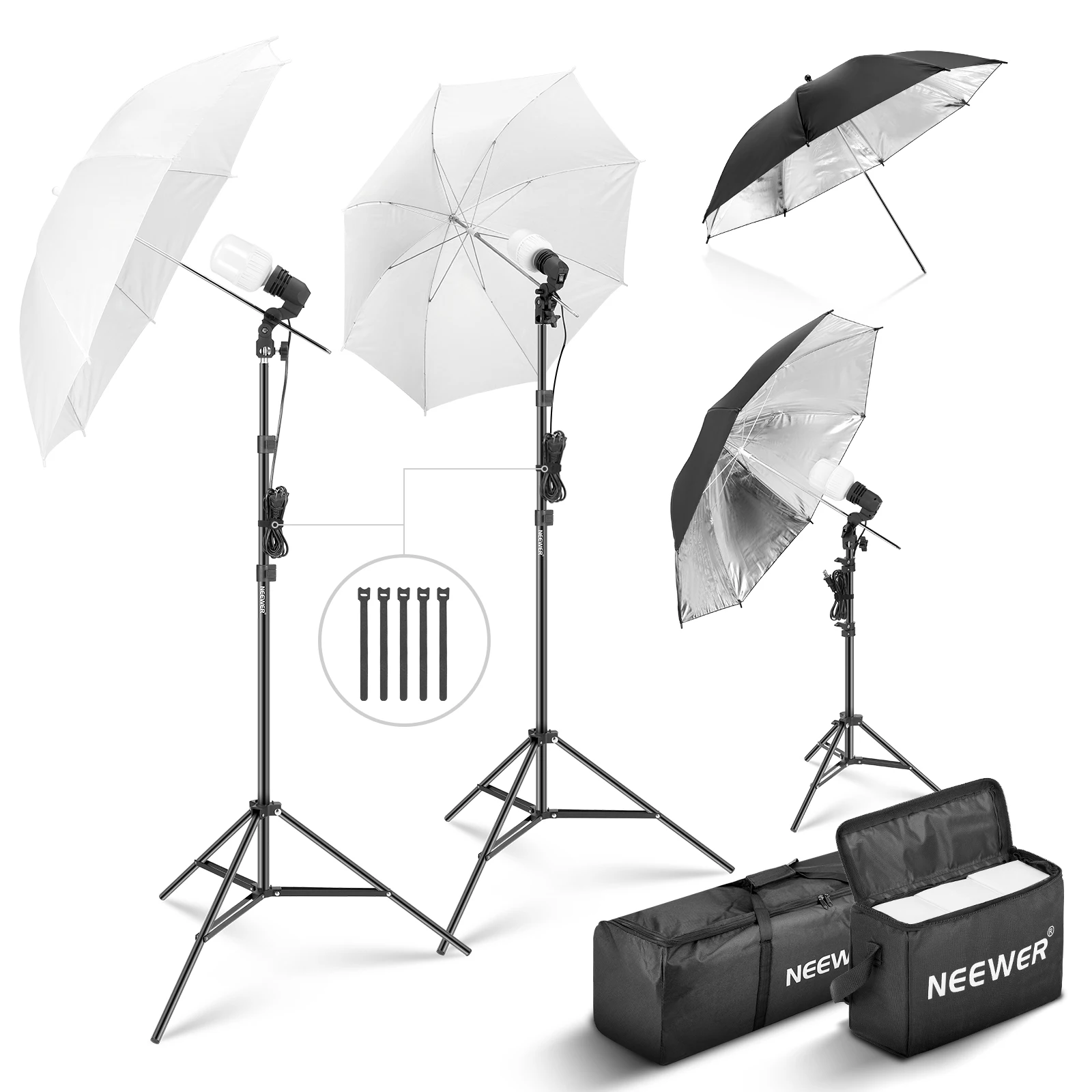 

NEEWER 600W Photography Lighting Kit, Incandescent Equivalent Studio Kit with (2)White Umbrella, (2)Black Umbrella, (3)24W LED