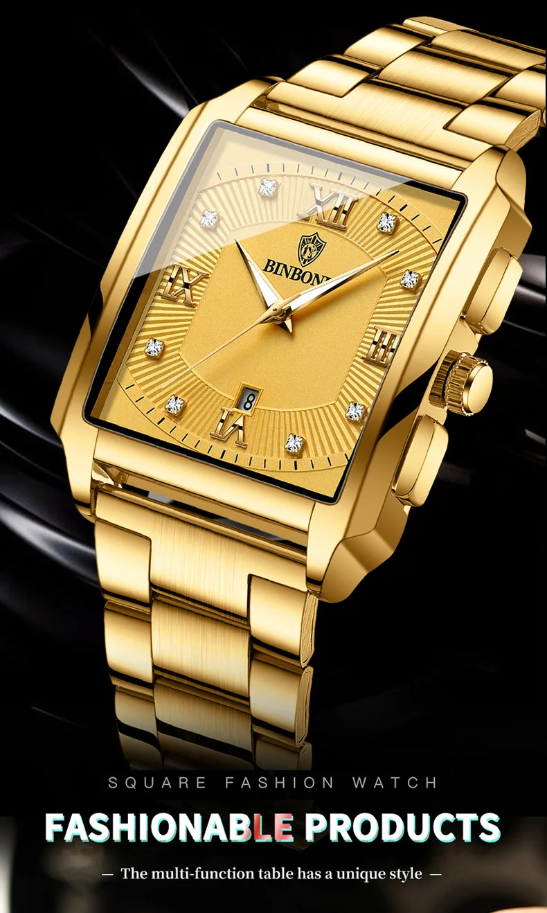 waterproof stainless steel golden male wristwatch