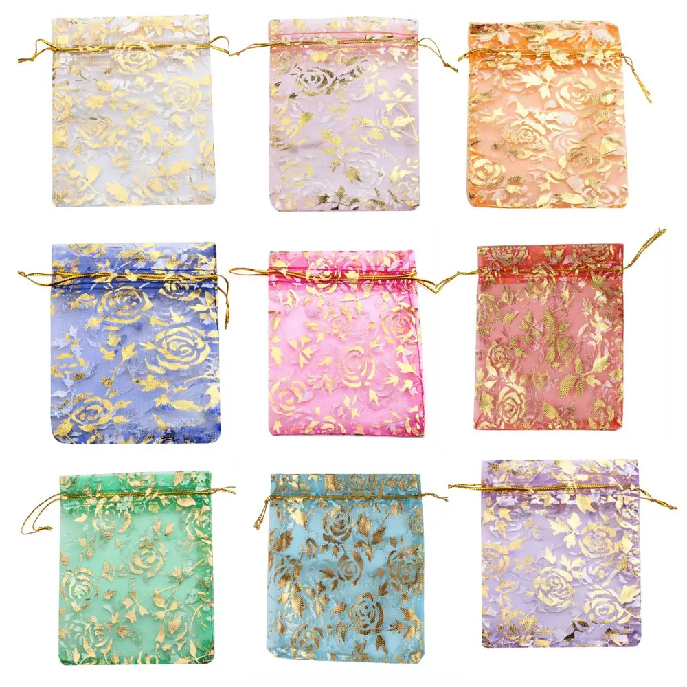 50pcs/lot Organza Drawstring Bag Colorful Hot Gold Color Rose Print Gifts Pouches Wedding Christmas Party Candy Jewelry Packing
