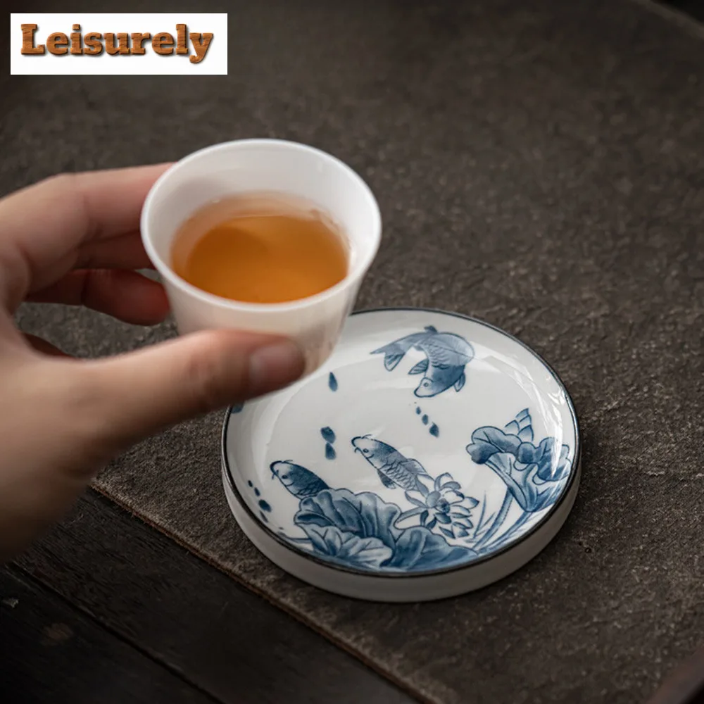 Blue and White Circular Cup Mat Ceramic Insulated Tea Tray Heat Resistant Placemats Teacup Holder Kung Fu Teaset Accessories