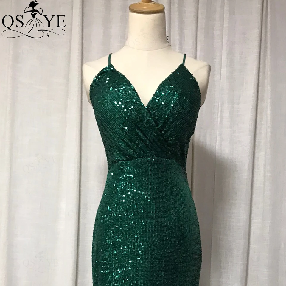 Emerald Green Evening Dresses Sequin Spaghetti Shoulder Straps Sexy V Prom  Gown Long Party Dress Ruched V Neck Women Formal Gown - AliExpress 320
