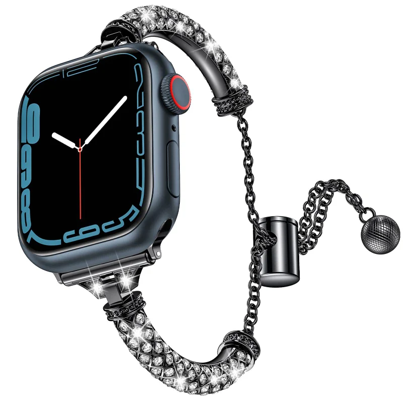 Adequado para Applewatch Cilíndrica Completa Diamante Relógio Strap IWatch Pulseira De Aço Inoxidável Pulseira De Metal Applewatch Watch Strap
