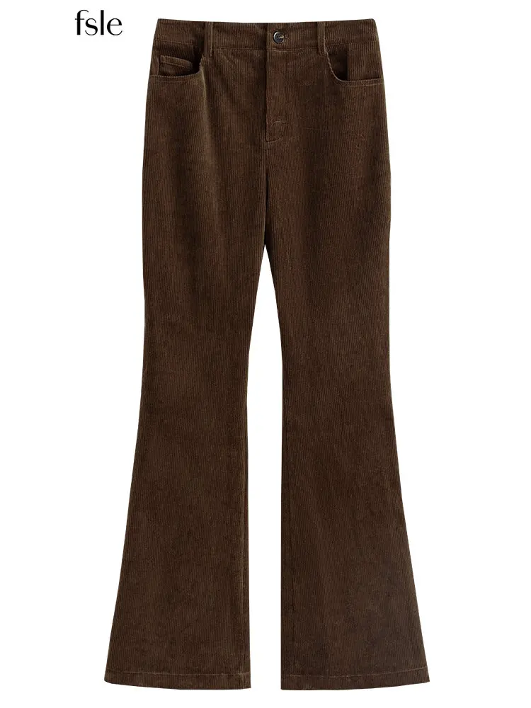

FSLE Office Lady Retro Corduroy Flared Pants High Waist Women Black Trousers 2022 Winter Autumn Stretch Casual Trousers