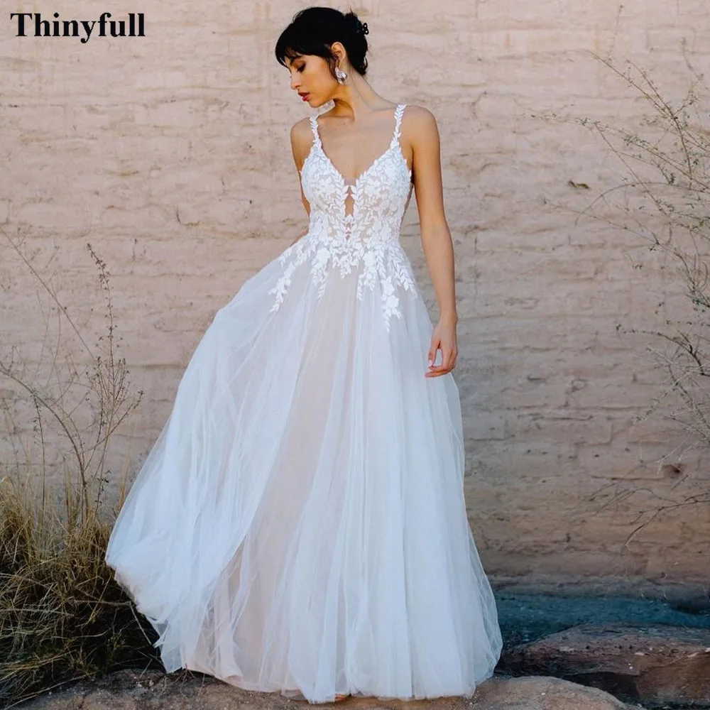 

Thinyfull Simple Appliques Lace Wedding Gowns Boho A Line V-Neck Wedding Party Dresses Princess Open Back Beach Bride Dress 2022