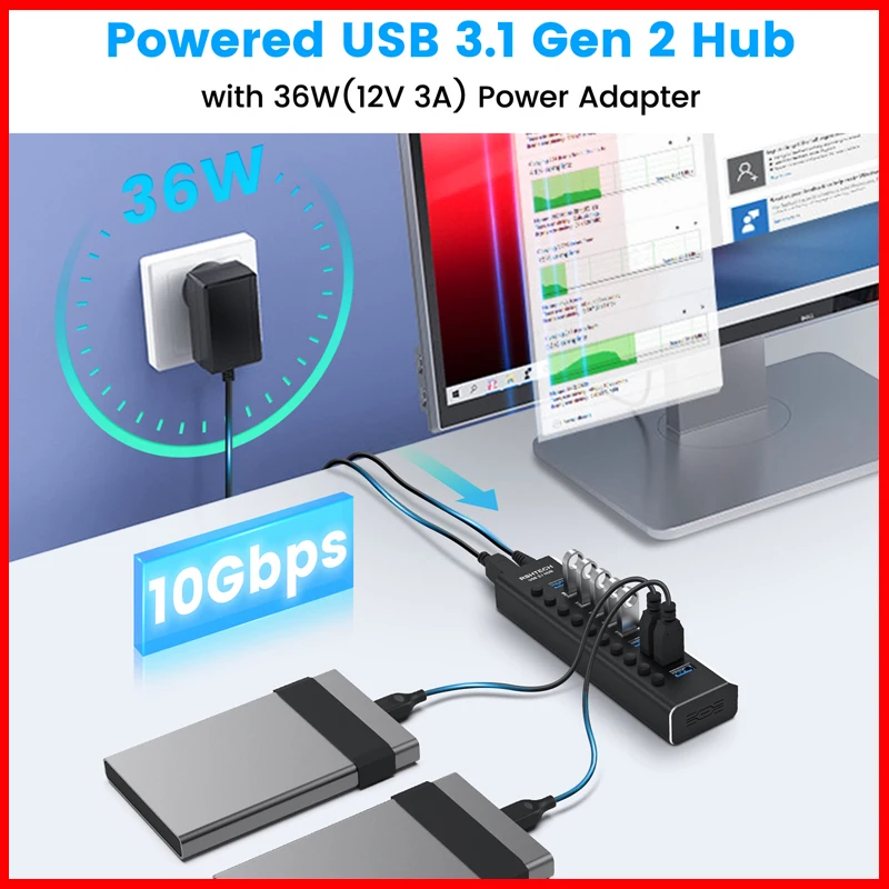 

RSHTECH USB Hub 10 Port USB 3.2 Gen 2 Expander 10Gbps 36W 12V/3A Power Adapter Aluminum USB C Hubs Splitter for PC Laptop
