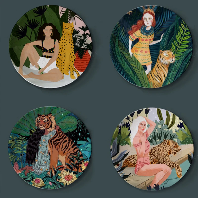 

Nordic Style Jungle Tiger and Girl Plate Home Hanging Plate Creative Forest Restaurant Art Painting Decoration Ceramic Plate