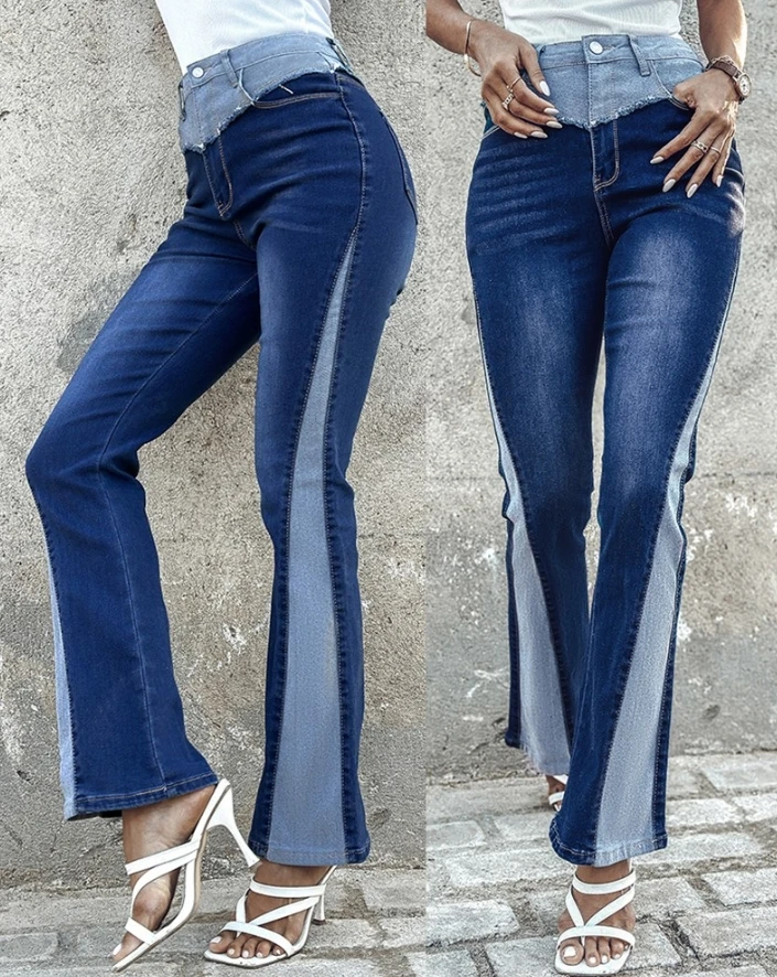 

Women's Casual Jeans Colorblock Pocket Design Denim Pant Trousers High Waist Skinny Flared Pants Fashion Streetwear Style