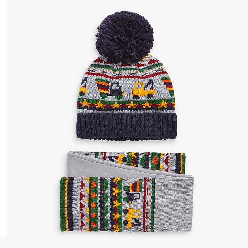 

2022 Winter New Jacquard Knit Hat Cartoon Car Pattern Knitted Hats and Knitted Scarf Sets for Baby Boys Baby Girls Children Hats