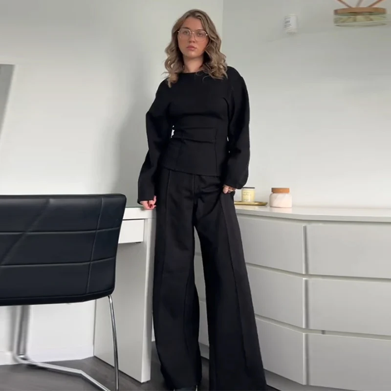 Casual Women's 2-piece Solid Pants Sets Long Sleeve O-neck Sweatshirts Wide Leg Pleated Trousers Autumn Lady Lazy Tracksuit