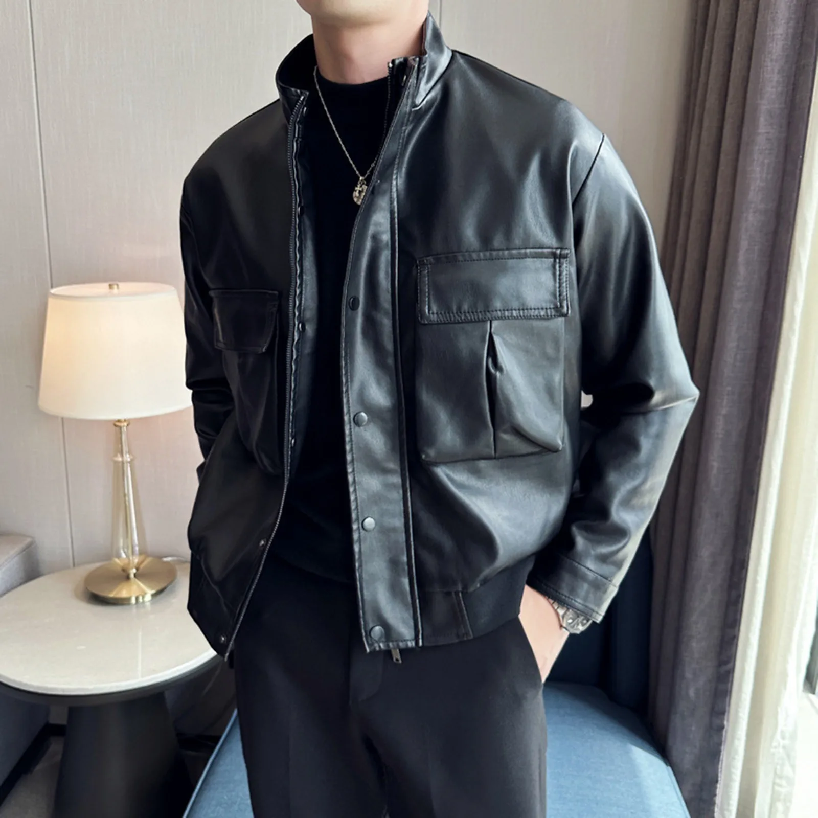 

2023 Autumn/Winter New Men'S Motorcycle Long Sleeve Standing Collar Pu Leather Coat Casual Multi Pocket High Quality Jacket