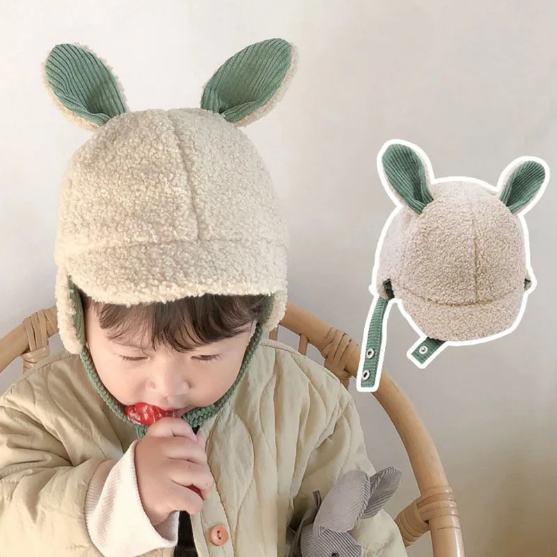 

Милая детская бейсболка в Корейском стиле с длинными ушками кролика из ягненка и бархата, утолщенная Регулируемая Скрытая Пряжка для защиты ушей, бейсболка