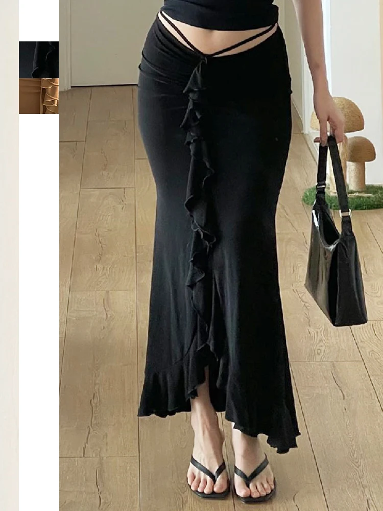Sexy Ruffles Irregular Skirts Women Summer Charm Long Skirt Slim Party Bodycon Maxi Skirt Black Y2K Casual Club Fishtail Skirt