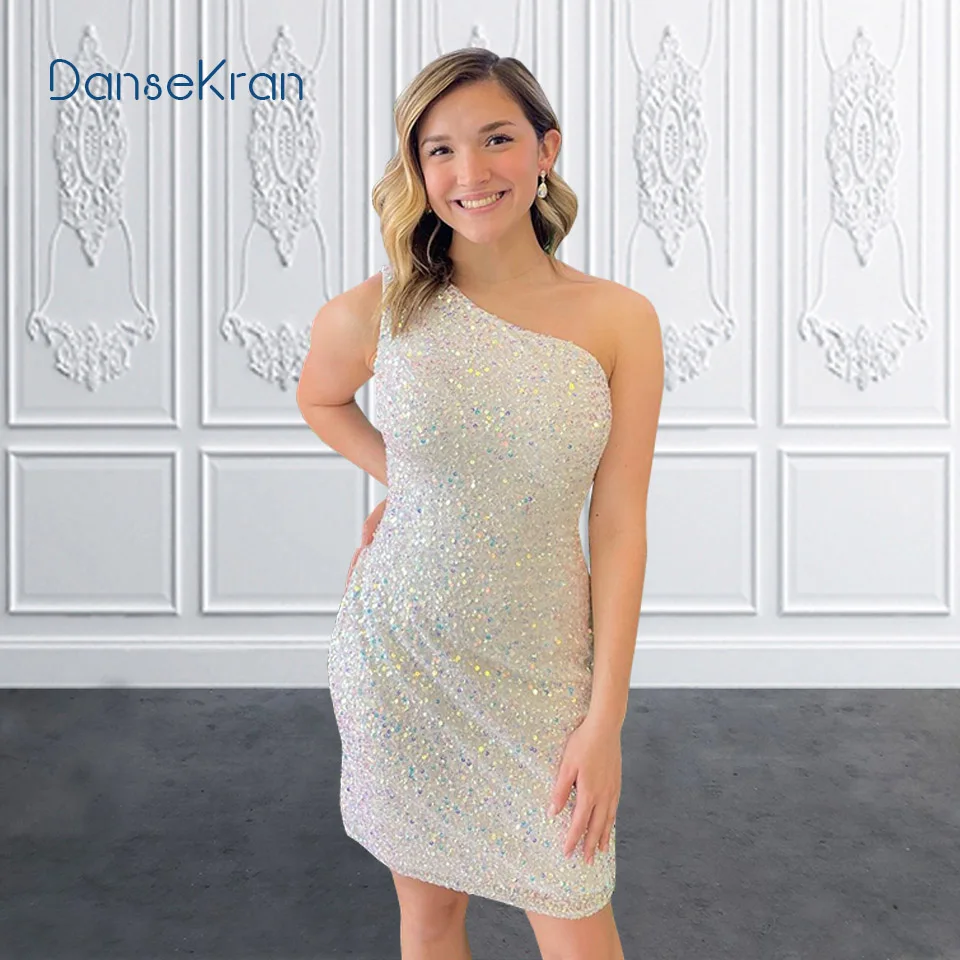 

Colorful Sequins White Velvet Short Homecoming Dresses for Girls One Shoulder Tight Mini Cocktail Party Dresses for Women
