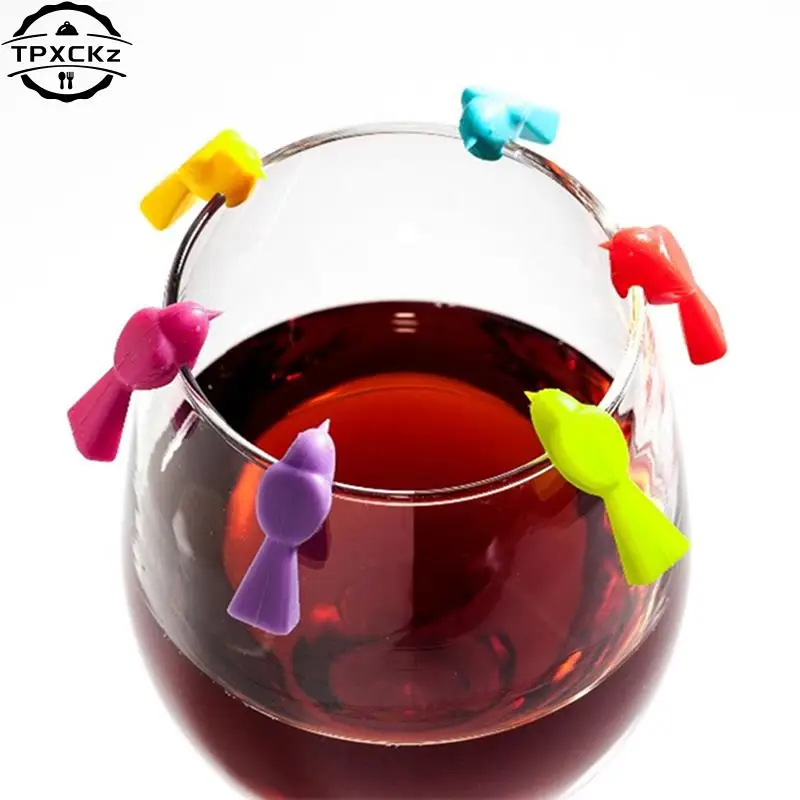 6PCS Multicolor Bird Shape Wine Glass Markers Drinking Cup Identifier Sign Mark Food Grade Silicone Party Supplies Drink Charms
