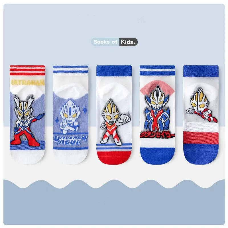 

5 Pairs Baby Toddler Boys Children's Cartoon Ultraman Low Tube Socks Summer Lightweight Breathable Thin Style Favorite Gift
