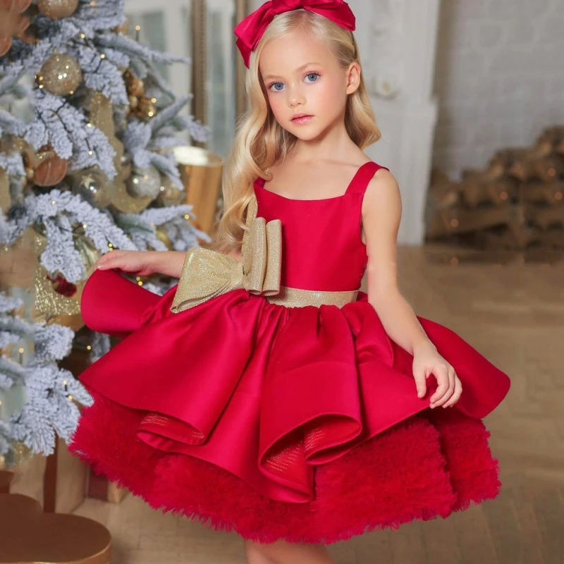 

Red Flower Girl Dress Square Neck Sleeveless Big Gold Bowtie Ruffles Tulle Puff Birthday Party First Communion Gowns