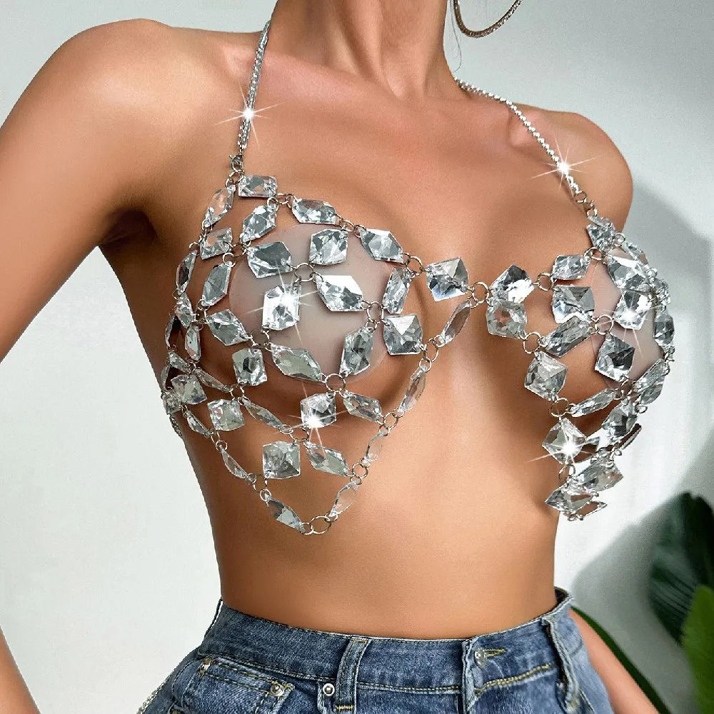 Shiny Crystal Bralette Chest Bra Chain Bikini Body Accessories Festival  Sexy Hollow out Rhinestone Top Lingerie Jewelry Women