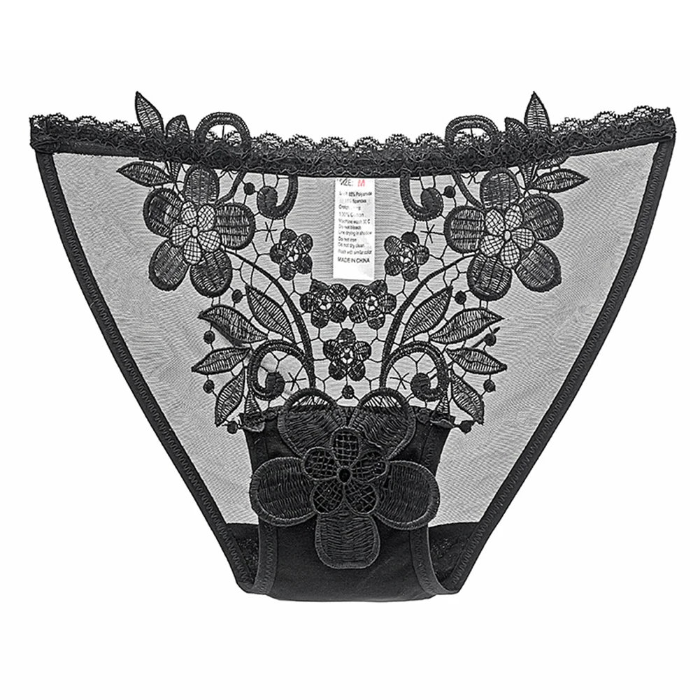 

Women Sheer Mesh Breathable Briefs Flower Embroidery Panties Transparent Underpants Cotton Crotch Underwear Erotic Lingerie