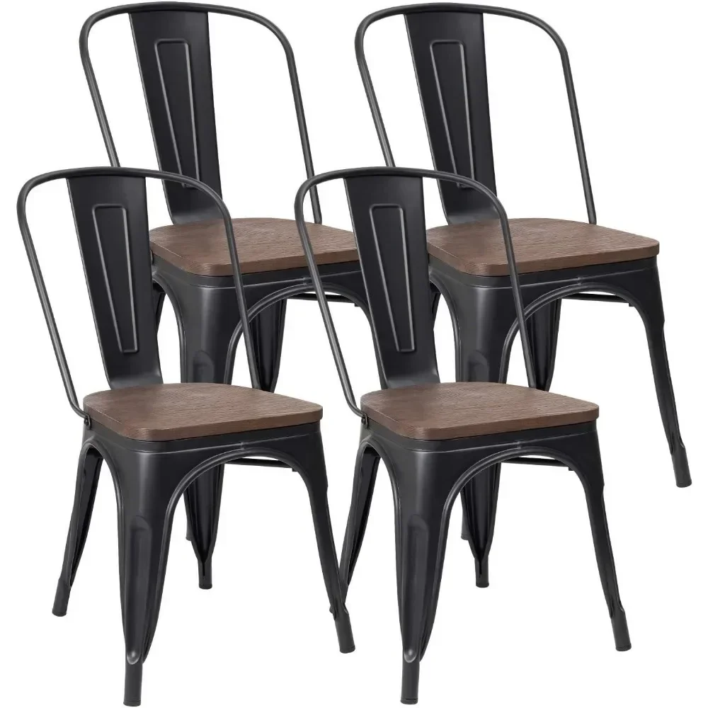 Metal Dining Chair Stackable Industrial Vintage Kitchen Chairs Indoor-Outdoor Bistro Cafe Side Chairs with Back and Wooden Seat 6