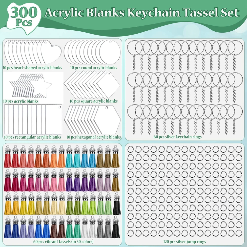 300PCS Clear Acrylic Keychain Blanks 6 Shapes Acrylic Leather Tassel Charms Key Chains Jump Rings for Vinyl Resin DIY Crafts