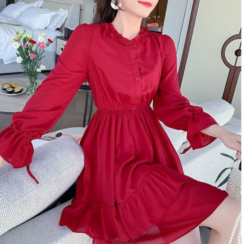 

Autumn Dresses Elegant Lantern Sleeve Mini Dress Women Ruffle Dress Ladies Fashion O Neck Front Buttons Sashe Women Vestidos