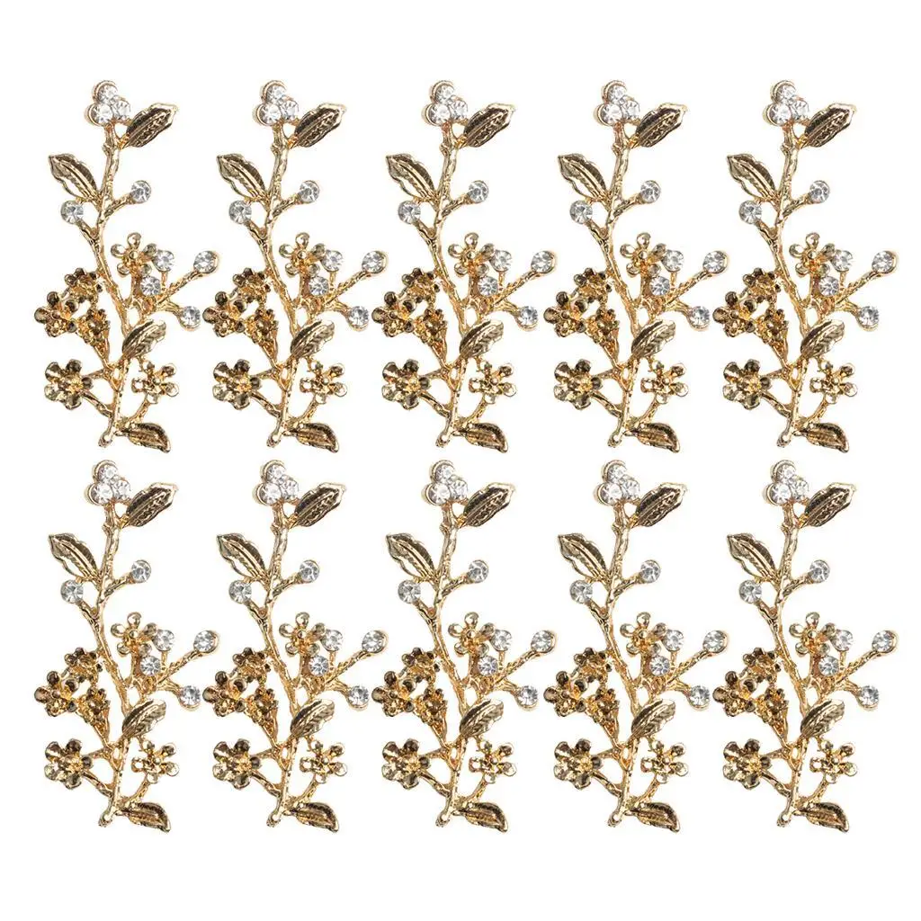

10 Pieces Alloy Crystal Flower Leaves Flatback Buttons for Wedding Gold
