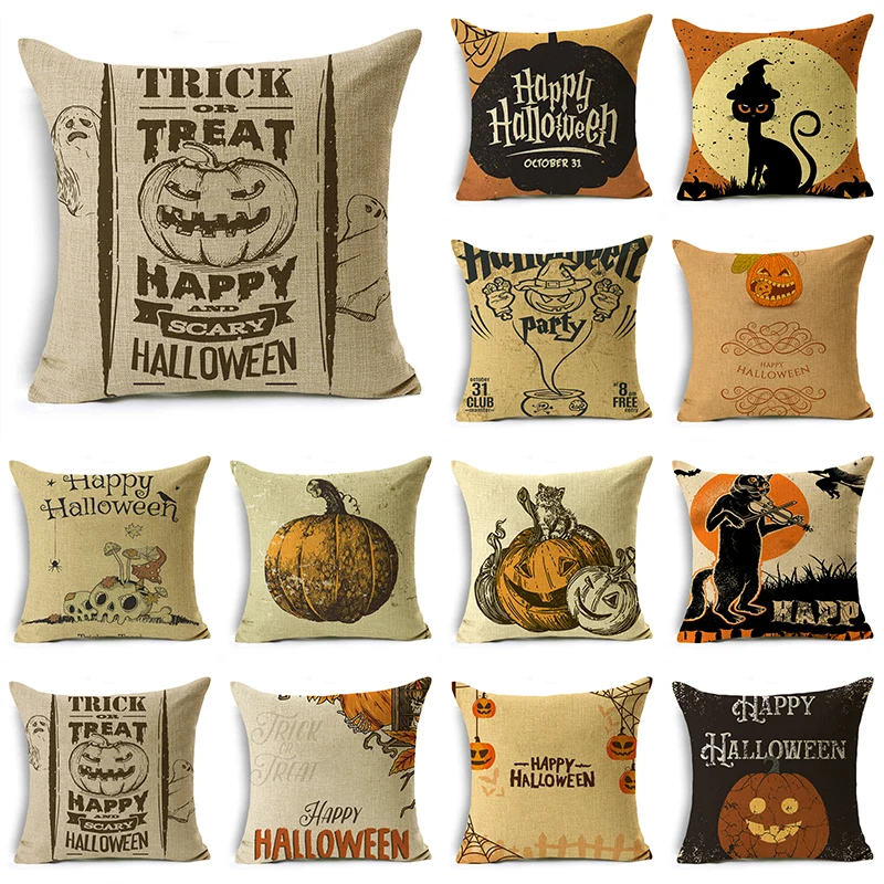 

Retro Simple Happy Halloween Pumpkin Lantern Black Cat Linen Throw Pillowcase Decorative Cushion Cover For Sofa Livingroom Party