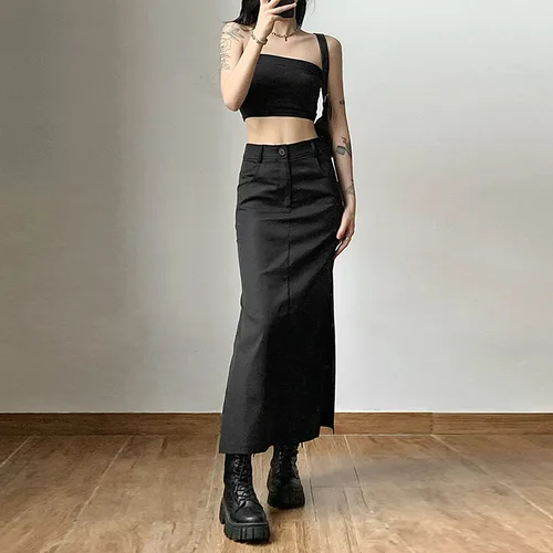 고스 다크 그런지 캐주얼 태그 스플릿 여성 미디 스커트, 몰 고딕 펑크 하이 레이즈 슬림 롱 스커트 Y2k 섹시한 패션 스트리트웨어 4