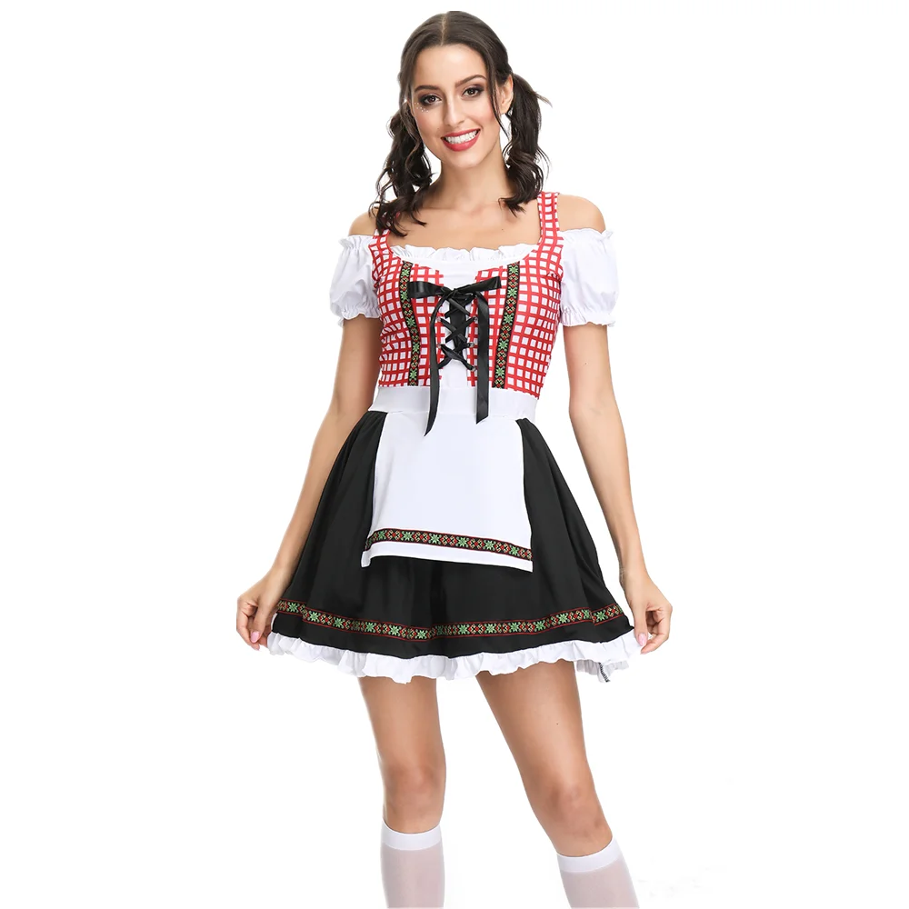 

Women Oktoberfest Costume Bavarian Traditional Beer Girl Red Plaid Dirndl Dress Cosplay Maid Outfit