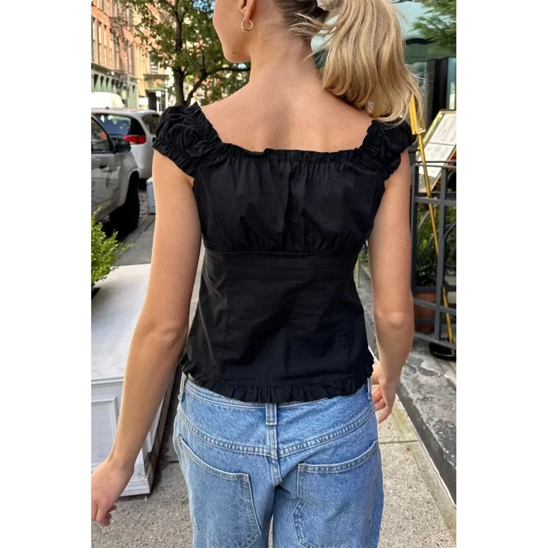 Top Donna Y2K Con Volant, Scollo A V, Maniche Ad Aletta, Abbottonatura, Slim Fit, In Poliestere, Nero, Camicetta Estiva Grunge Babydoll - 3