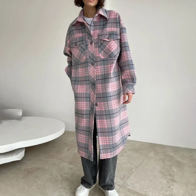 

Women's Long Sleeved Coat Turndown Collar Sweet Plaid Jacket Casual Fashion Woolen Long Wool Coat Autumn Winter Casual Long Coat