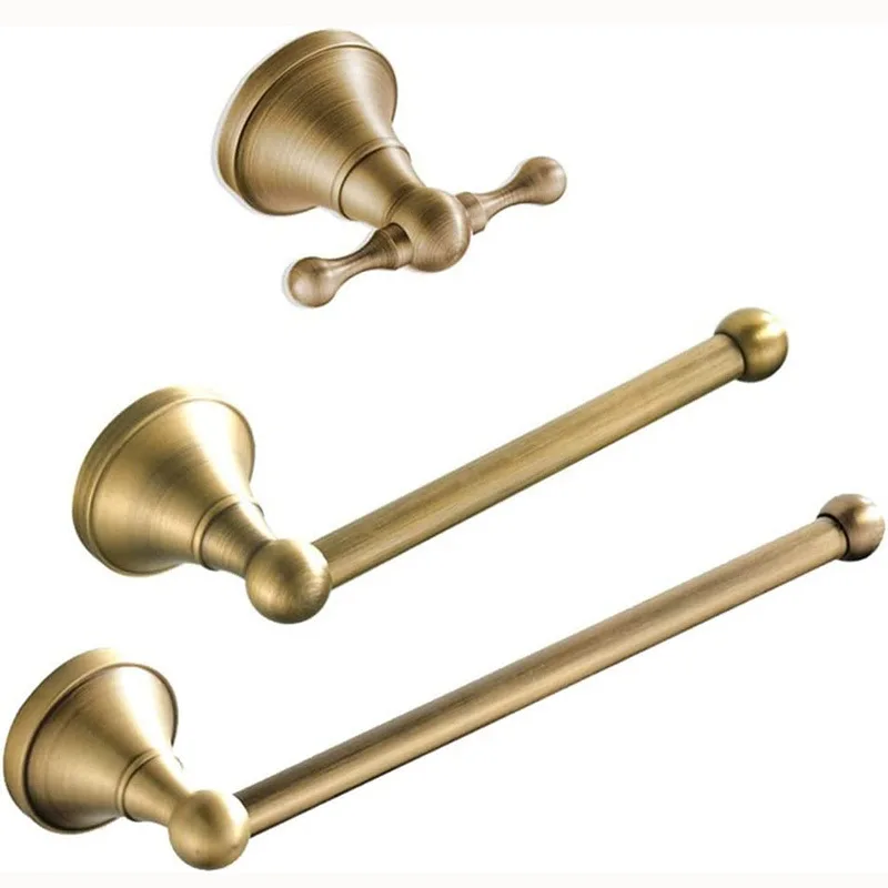 Antique Brass Wall-Mounted Bathroom Hardware Set - Toilet Paper Holder, Towel Ring, and Robe Hook