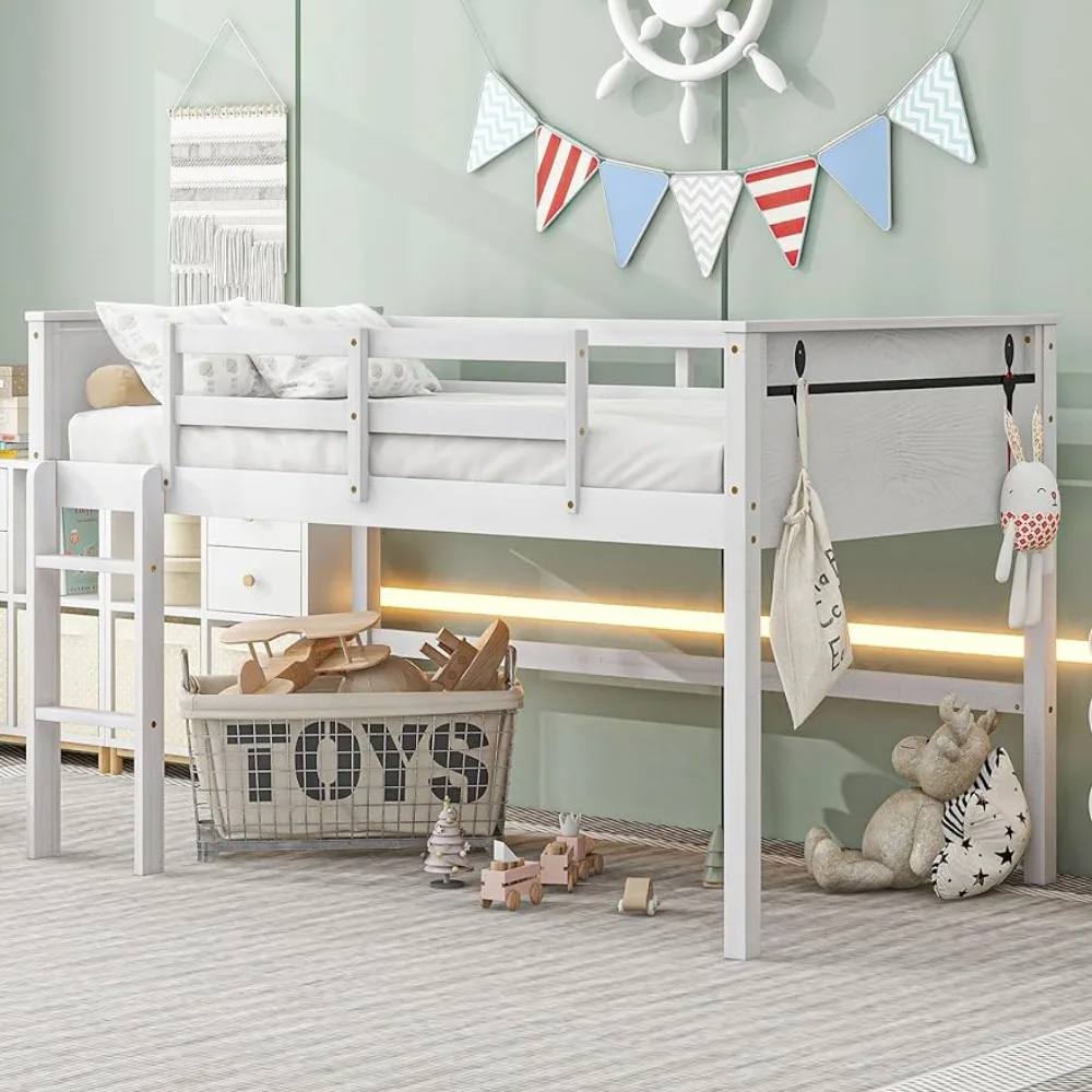 

Twin Size Loft Bed for Kids, Wood Loft Bed Frame with Hanging Clothes Racks High Guardrail and Ladder for Kids Teens Boys Girls