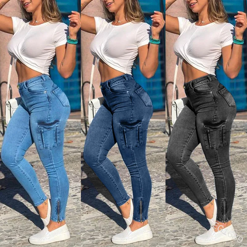 Mulheres jeans bainha lápis calças bolsos carga denim angustiado