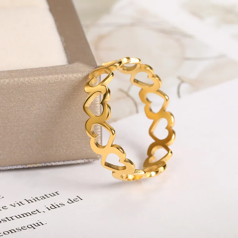 Hollow Heart Rings For Women Gold Color Stainless Steel