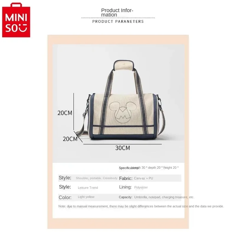 MINISO Disney Mickey High Quality Canvas Lightweight Cylinder Crossbody Bag Fashion Women's Large Capacity Storage Handbag