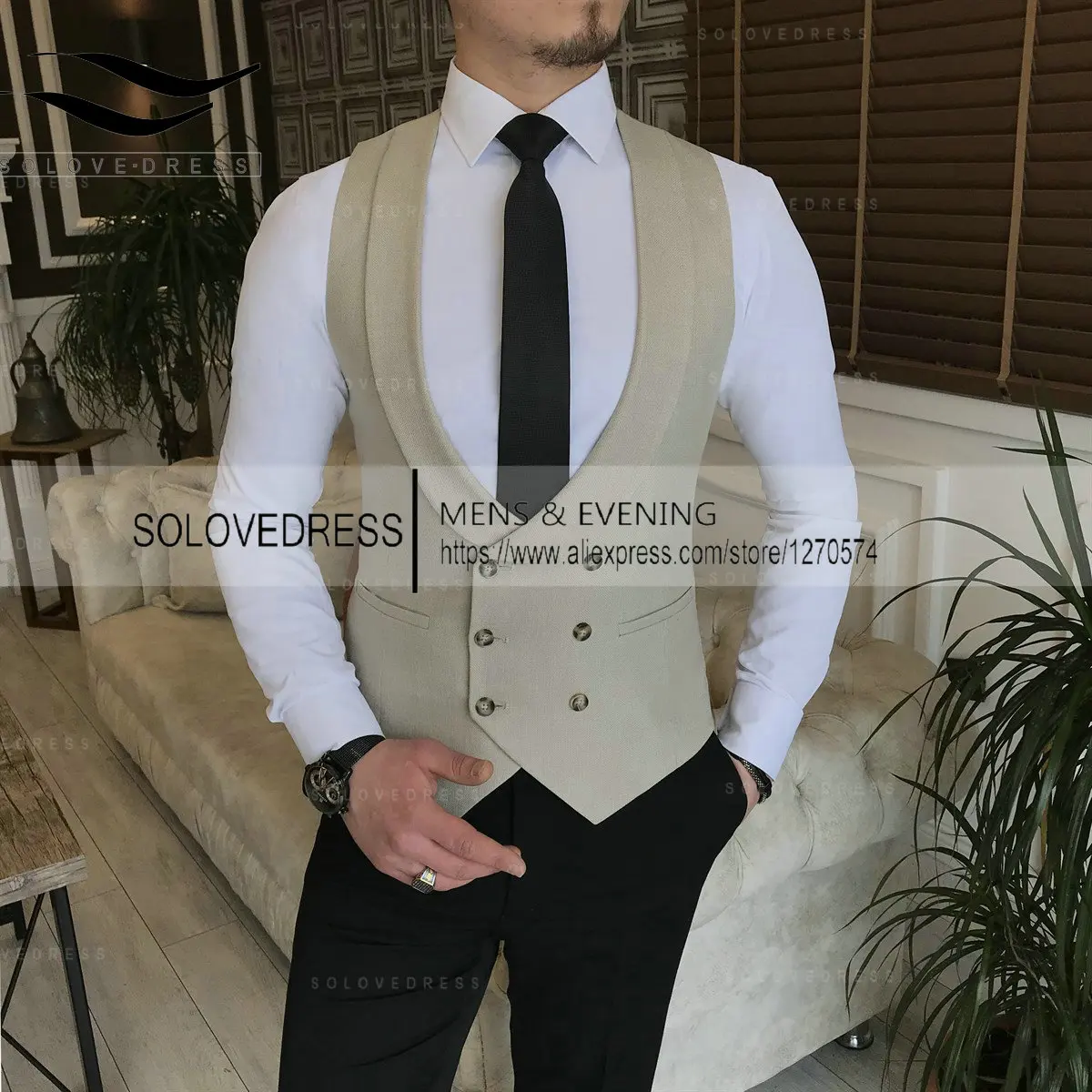 Black Men's Suit Vests Vintage Herringbone for Wedding Groomsmen Mens Waistcoat Vest 2